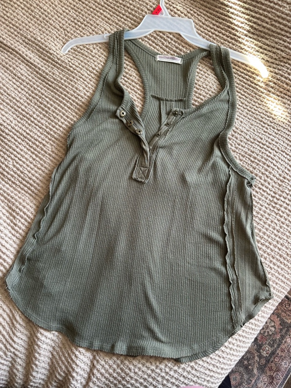 Free People Olive Ribbed Henley Tank
